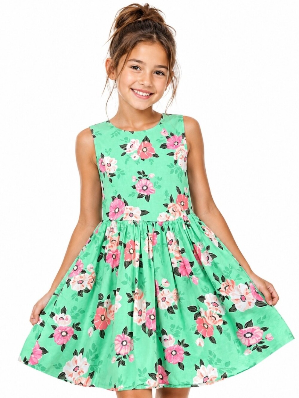 Carter's Girls Sleeveless Green Floral Fit-and-Flare Dress (Sz:7)